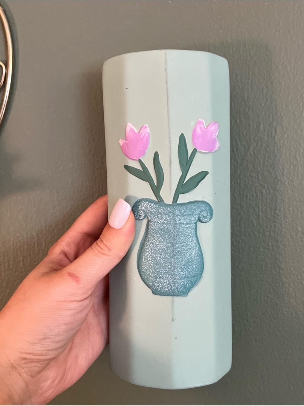 Hand Crafted Mint Green Ceramic Vase with Pink Tulip Detail